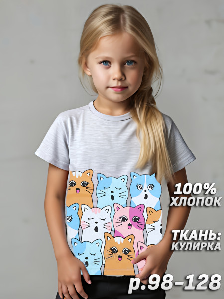 Футболка для девочки арт.0002D коты, серый меланж